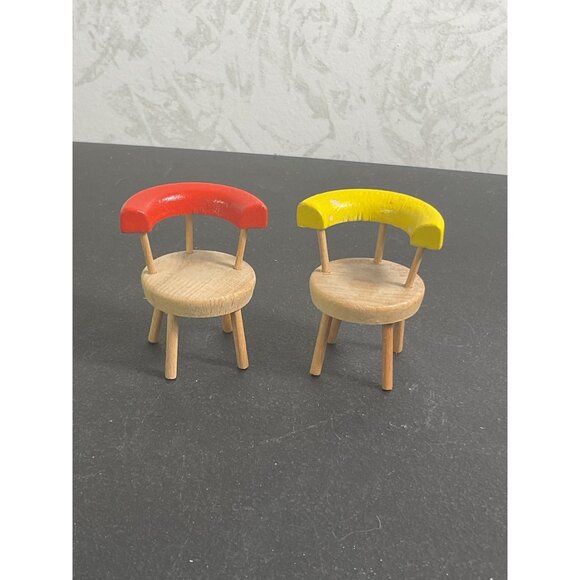 Miniature Wooden Dollhouse Chairs With Red & Yellow Backs - Picture 1 of 6